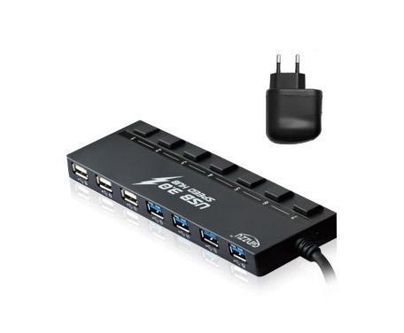 Концентратор Ginzzu GR-388UA, 3xUSB 2.0, 4xUSB 3.0, черный, Блок питания - фото 1