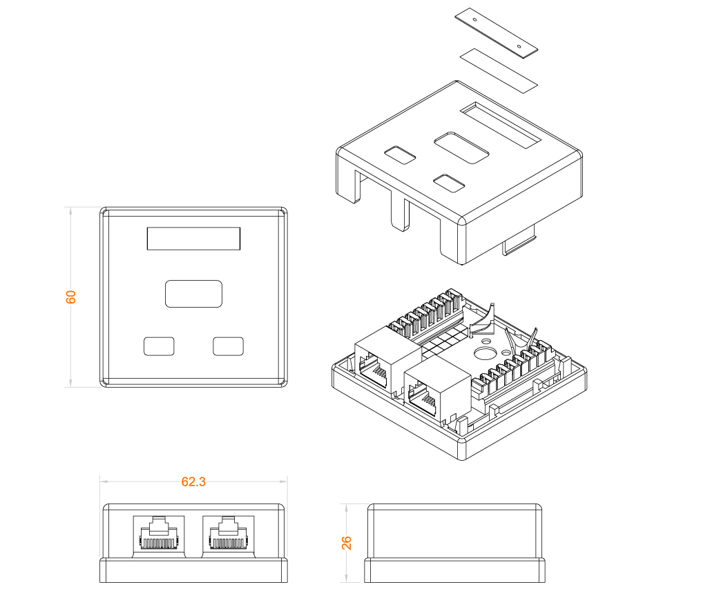 Розетка RJ-45+RJ-45 открытый монтаж категория 5e, экранированная, белый, Hyperline (SB1-2-8P8C-C5e-SH-WH)