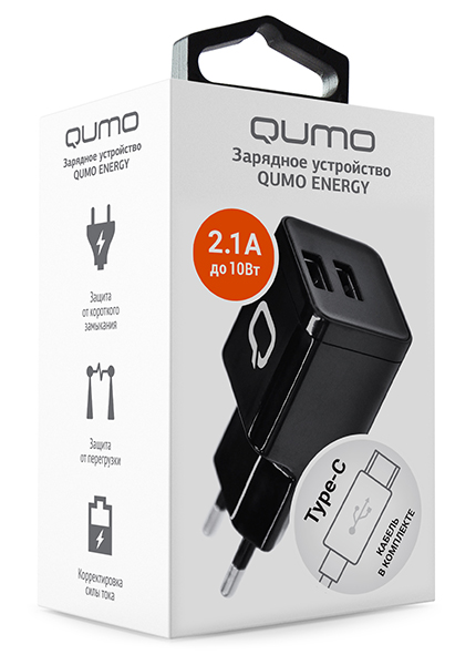 Сетевое зарядное устройство Qumo Energy (Charger 0002) 10W, 2USB, 2.1A, черный (24155), кабель USB Type C