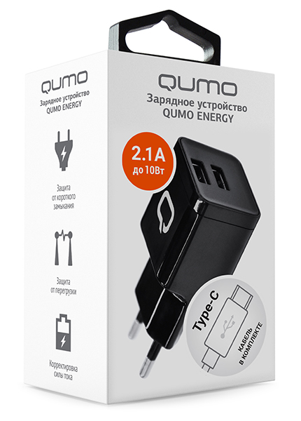 

Сетевое зарядное устройство Qumo Energy (Charger 0002) 10W, 2USB, 2.1A, черный (24155), кабель USB Type C, Energy (Charger 0002)