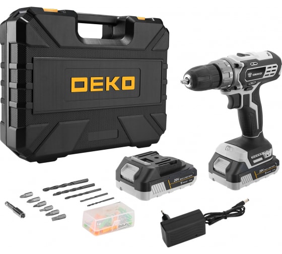 

Дрель-шуруповерт DEKO DKCD20 Black Edition SET 3, аккумуляторный, 40 нм, 1350 об/мин, 20V, 2 А·ч, Li-Ion, два акб, быстрозажимной патрон, кейс, 1.76 кг (063-4050), DKCD20 Black Edition SET 3