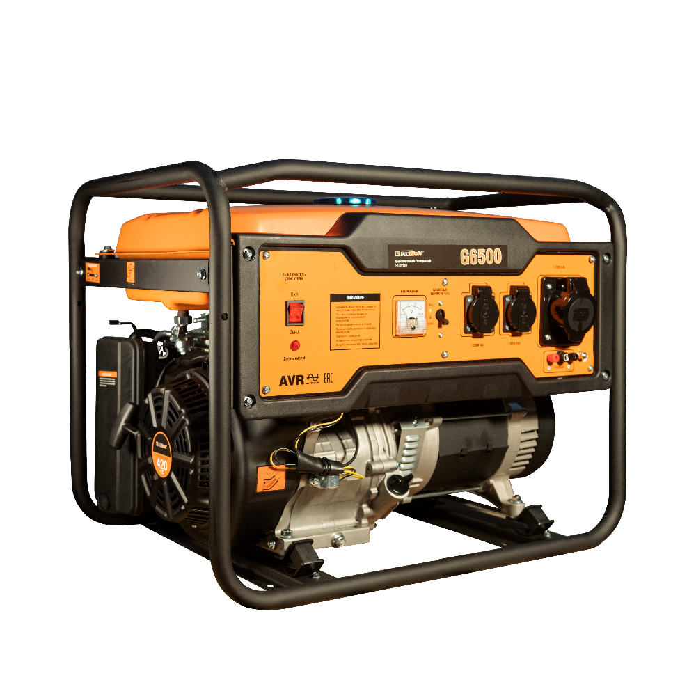 

Электрогенератор FoxWeld Standart G6500, однофазный, синхронный, бензиновый, 15 л.с., 5.2кВт, 2xEURO 16A + 1x220В 32A (7241), Standart G6500