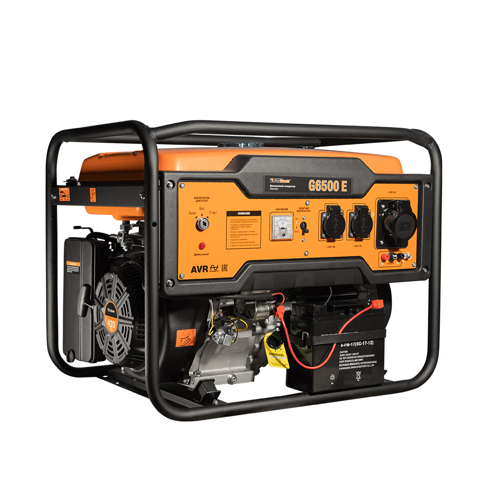 

Электрогенератор FoxWeld Standart G6500 E, однофазный, -, бензиновый, 15 л.с., 5.2кВт, 2xEURO 16A + 1x220В 32A (7242), Standart G6500 E