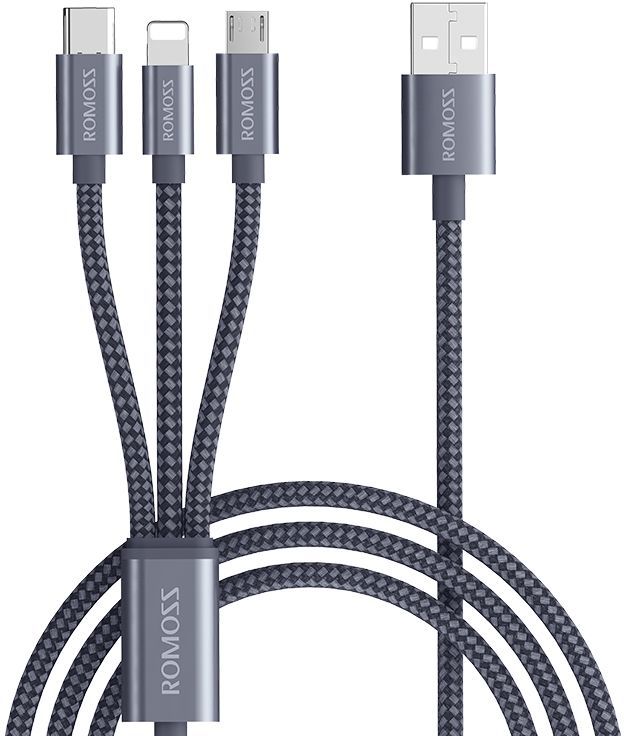 

Кабель USB 2.0(Am)-Lightning 8-pin(m)+Micro USB 2.0(Am)+USB 2.0 Type-C(m), 2A, 1.5м, серый ROMOSS CB25A (DYDC01050/CB25A-63-G23), CB25A