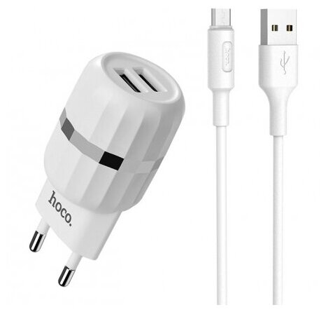 

Сетевое зарядное устройство Hoco C41A 10W, 2USB, 1.2A, белый, кабель microUSB, C41A