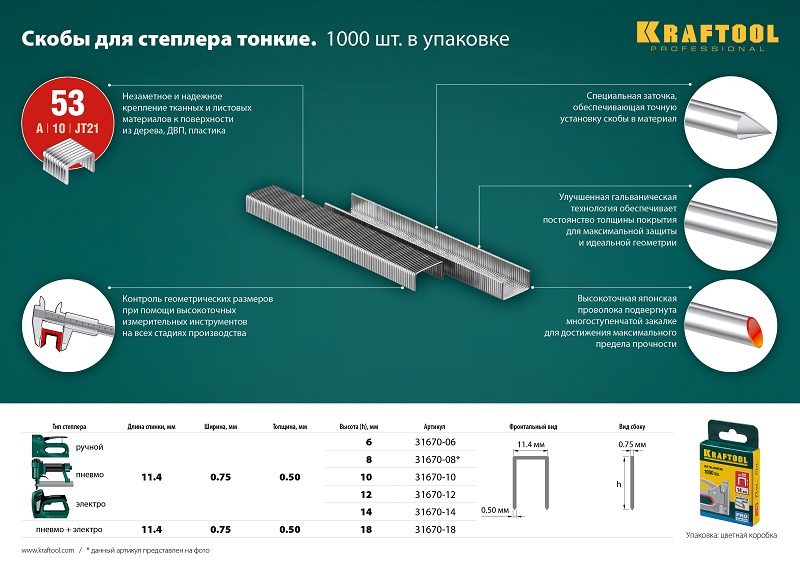 Скобы Kraftool, тип: 53/A/10/JT21, 1.14 см x 1.4 см (31670-14) 1000 шт