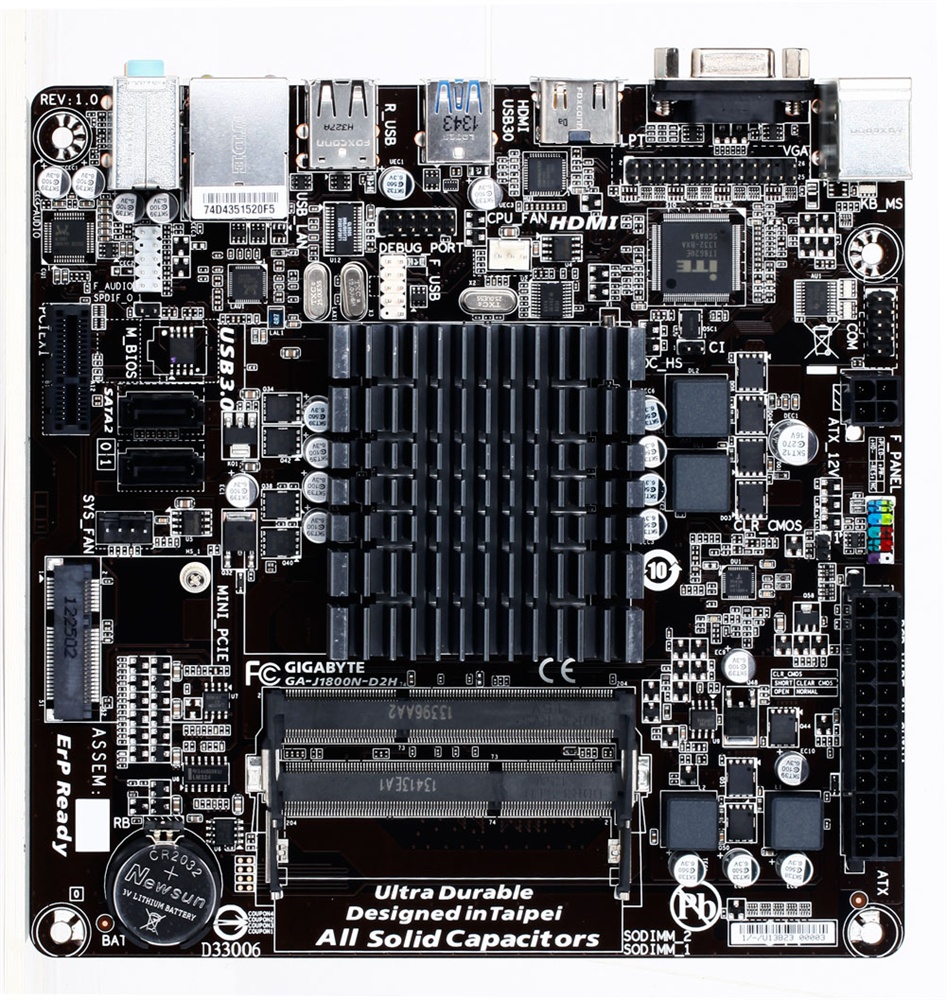 

Материнская плата GIGABYTE GA-J1800N-D2H, Intel Celeron J1800, Intel Celeron J1800, 2xDDR3L SODIMM, 2SATA2, 7.1-ch, GLAN, USB 3.0, VGA, HDMI, mini-ITX, Retail, GA-J1800N-D2H