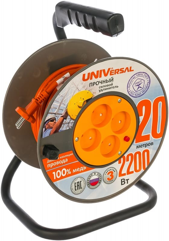 

Удлинитель на катушке UNIVersal ВЕМ-250, 4-розетки, 20м, оранжевый (9632901), ВЕМ-250