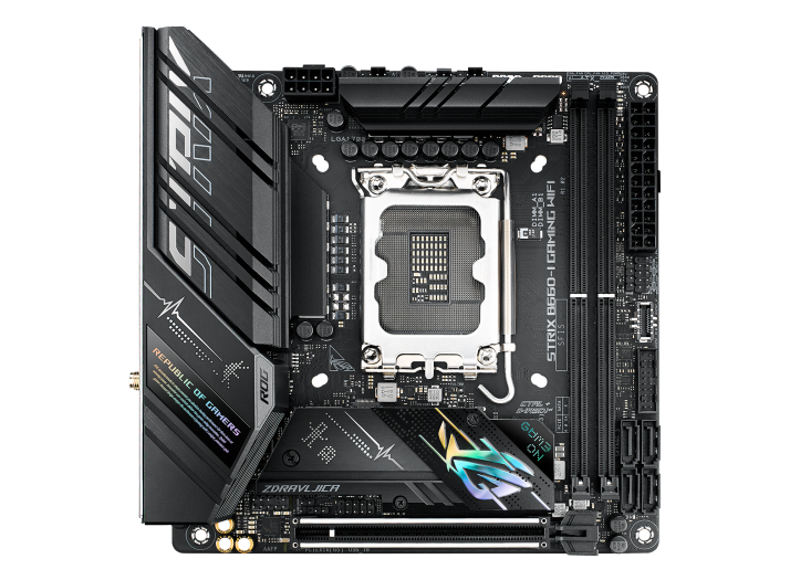 

Материнская плата ASUS ROG STRIX B660-I GAMING WIFI, Socket1700, Intel B660, 2xDDR5 DIMM, PCI-Ex16, 4SATA3, 7.1-ch, 2.5GLAN, 5 USB 3.2, 3 USB Type-C, HDMI, DP, mini-ITX, Retail, ROG STRIX B660-I GAMING WIFI