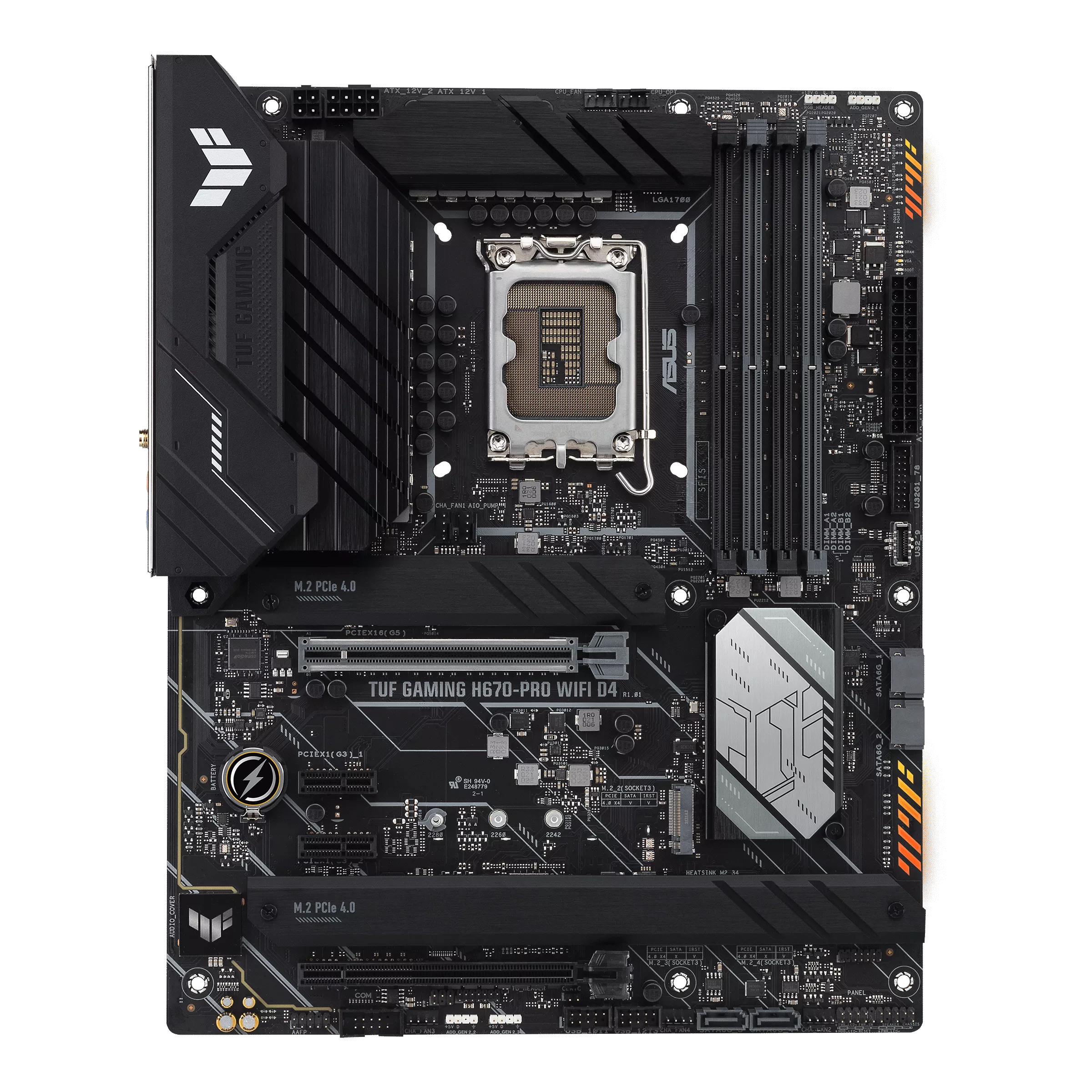 

Материнская плата ASUS TUF GAMING H670-PRO WIFI D4, Socket1700, Intel H670, 4xDDR4, 2PCI-Ex16, 4SATA3, 7.1-ch, 2.5GLAN, 8 USB 3.2, 2 USB Type-C, HDMI, DP, ATX, Retail, TUF GAMING H670-PRO WIFI D4