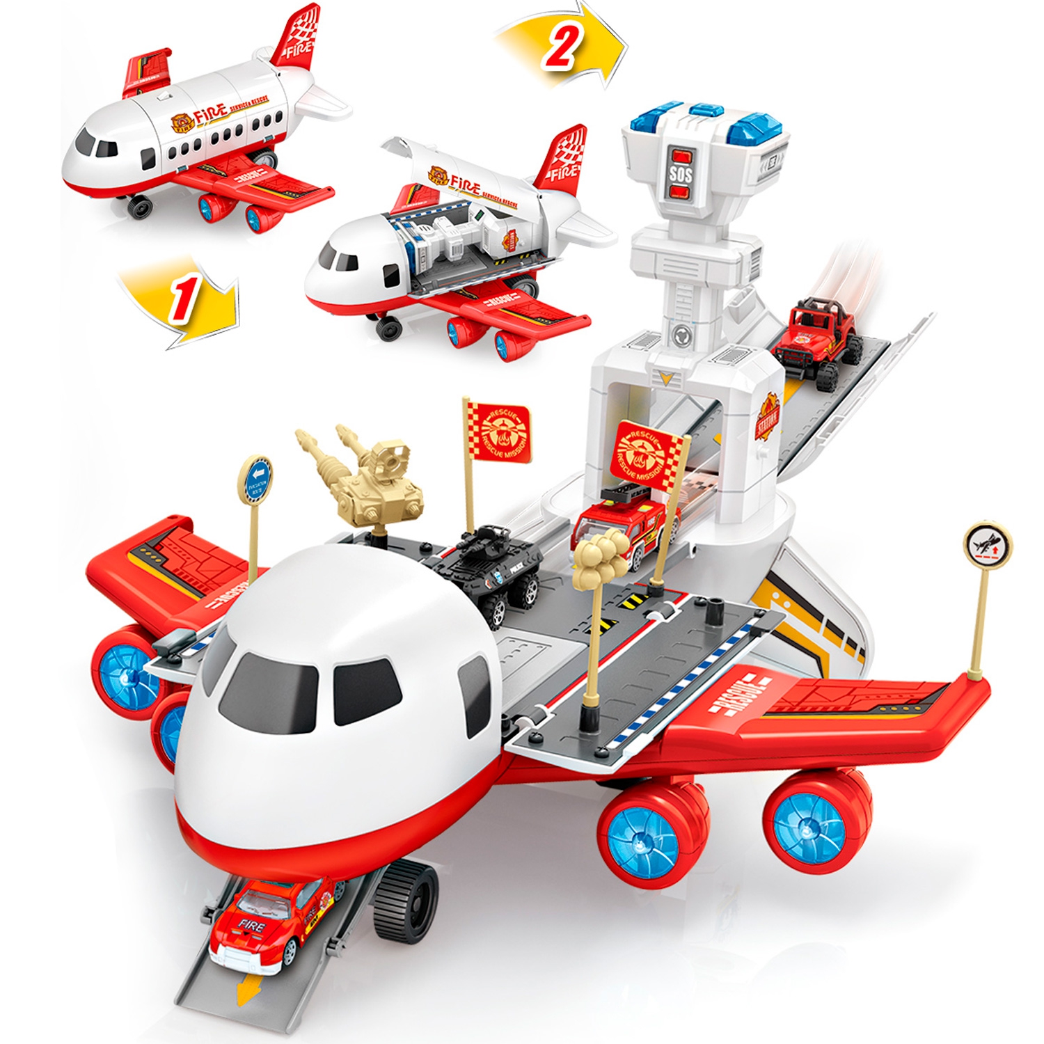 Игровой набор Etastra Самолёт -парковка: пожарные, звук, свет, красно-белый (YDX42-2)