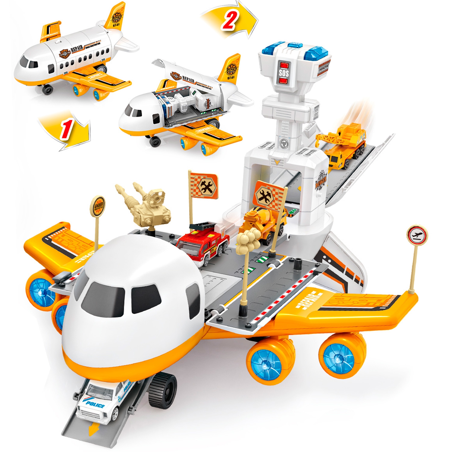 Игровой набор Etastra Самолёт -парковка: строители, звук, свет, Белый,оранжевый (YDX42-3)