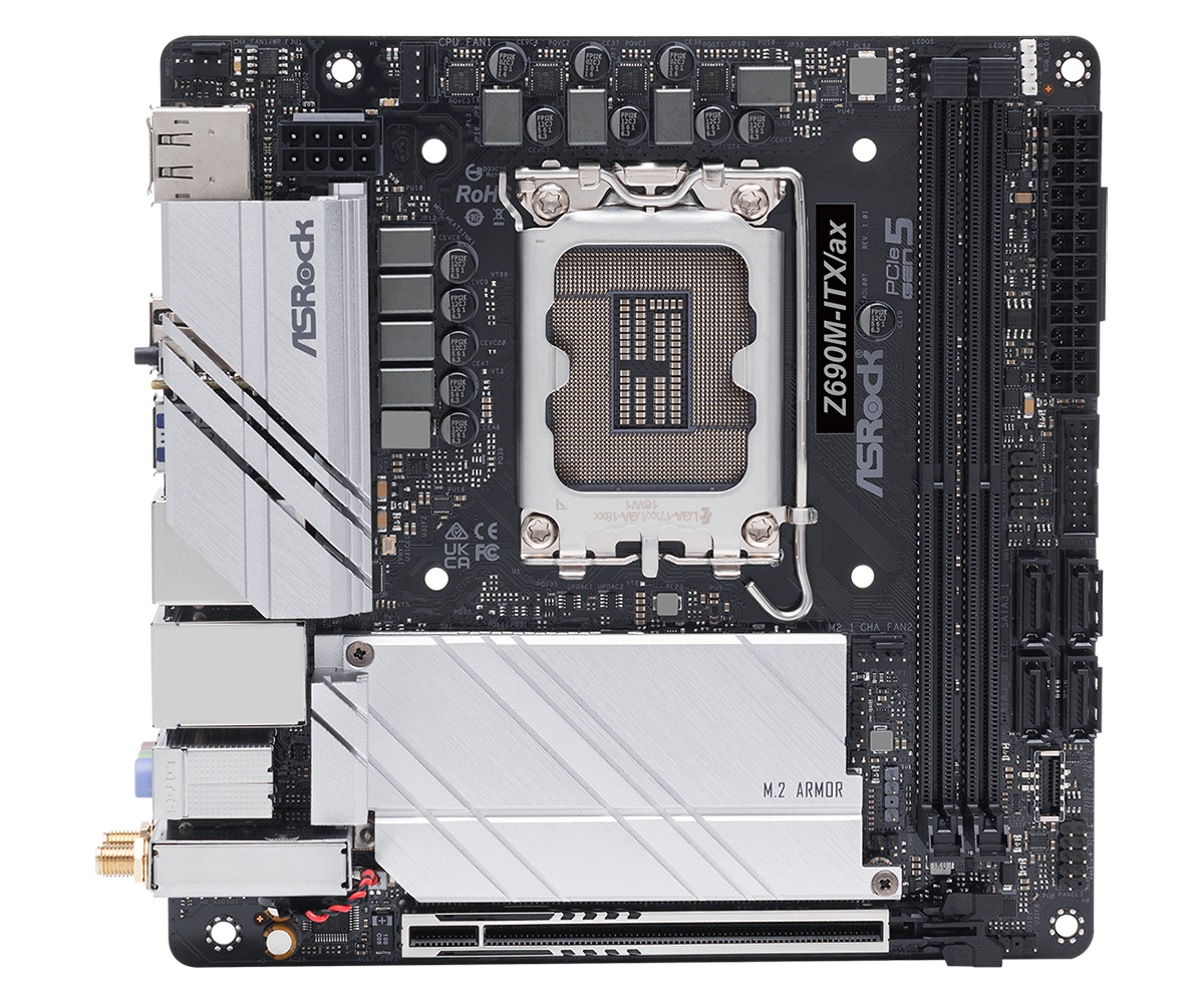

Материнская плата ASRock Z690M-ITX/AX, Socket1700, Intel Z690, 2xDDR4, PCI-Ex16, 4SATA3, 7.1-ch, 2.5GLAN, 6 USB 3.2, 2 USB Type-C, HDMI, DP, mini-ITX, Retail, Z690M-ITX/AX