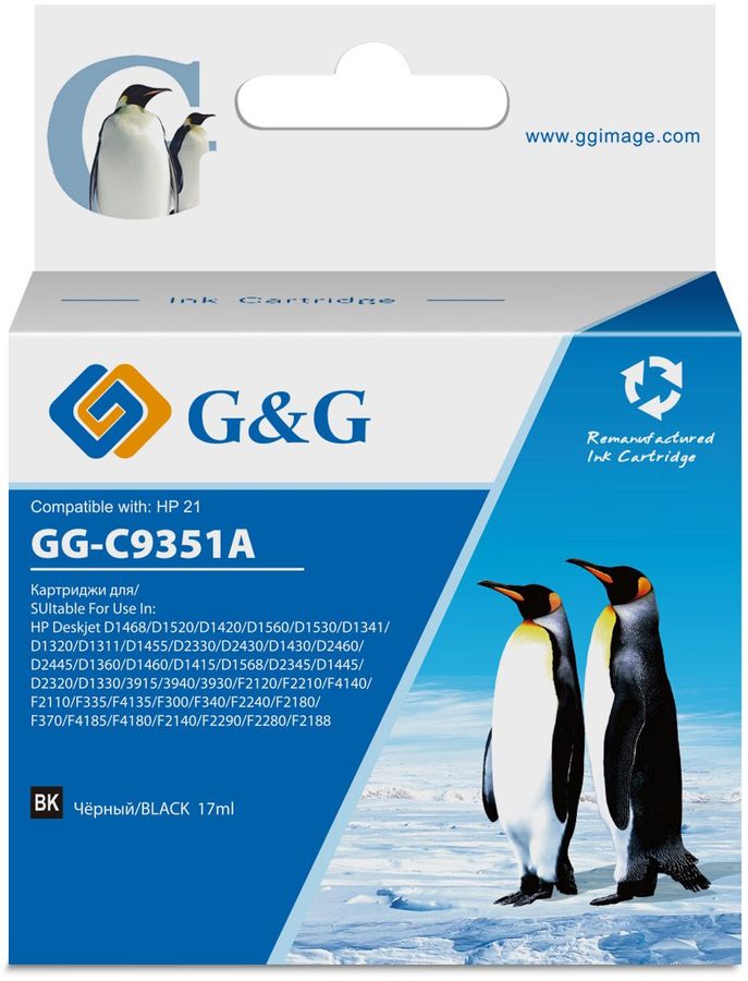 

Картридж струйный G&G GG-C9351A (21/C9351AE), черный, совместимый, 17 мл, для HP DJ 3920/ 3940/ D1360/ D1460/ D1470/ D1560/ D2330/ D2360/ D2430/ D2460/ F370/ F375/ F380/ F2180/ F2187/ F2224/ F2280/ F2290/ F4140/ F4172/ F4180/ F419