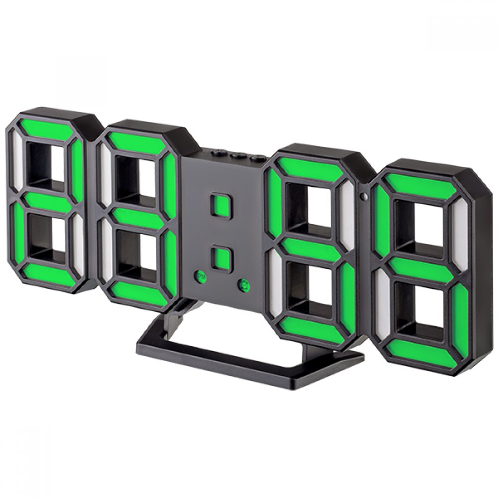 Часы Perfeo LUMINOUS 2, зеленая подсветка, от USB, будильник, температура, дата, черный (PF_B4926)