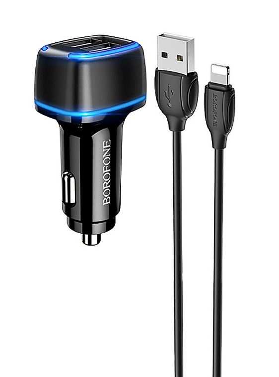 

Автомобильное зарядное устройство Borofone BZ14 Max, 2xUSB, 2.4А, 10 Вт, кабель Lightning 8-pin, черный, BZ14 Max