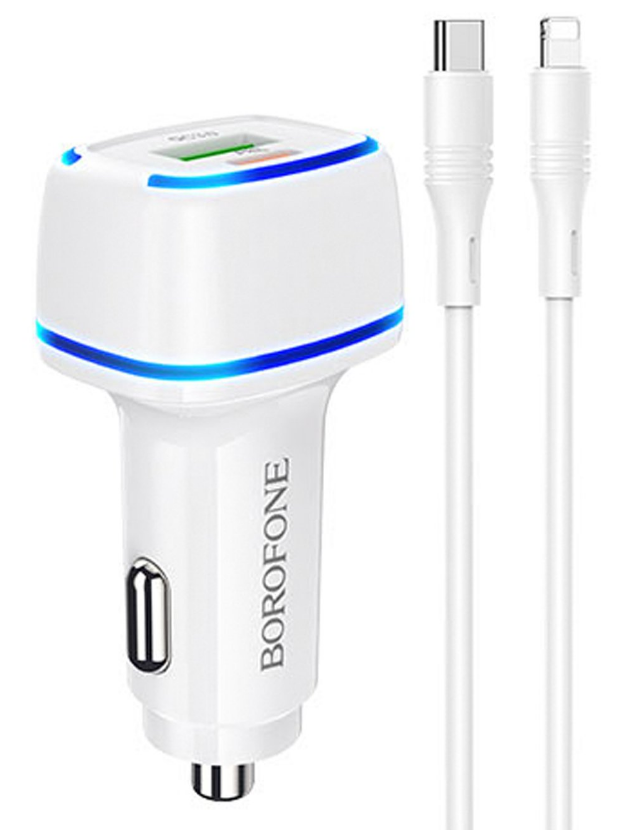 

Автомобильное зарядное устройство Borofone BZ14A, USB, 1xUSB Type C, 3А, 15 Вт, QC, PD, кабель Lightning 8-pin, белый, BZ14A