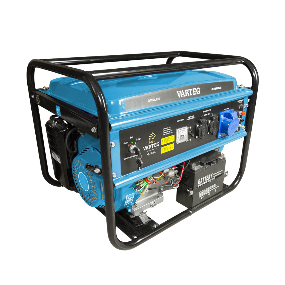 

Электрогенератор VARTEG G7500E, однофазный, -, бензиновый, 16 л.с., 7.5кВт, 2xEURO 16A + 1x220В 32A (5822), G7500E
