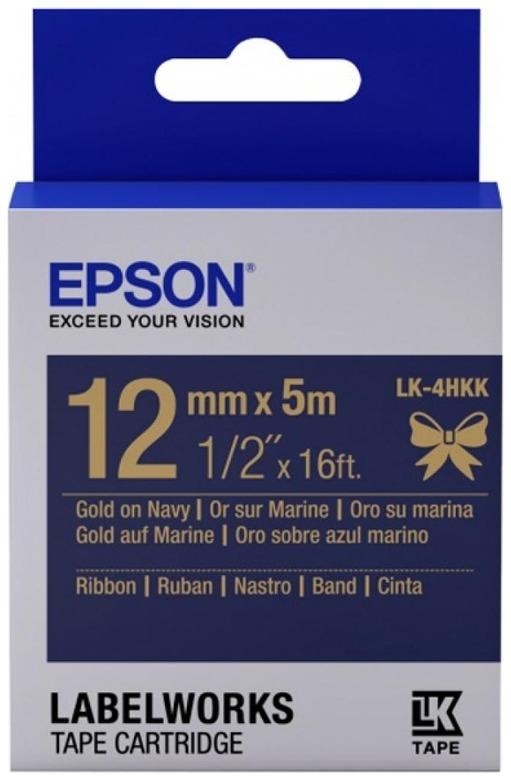 Картридж с лентой Epson LK-4HKK, 12ммx5м, золотистый на темно-синий, оригинальная (C53S654002)