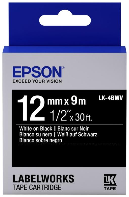 

Картридж с лентой Epson LK-4BWV, 12ммx9м, белый на черном, оригинальная (C53S654009), LK-4BWV