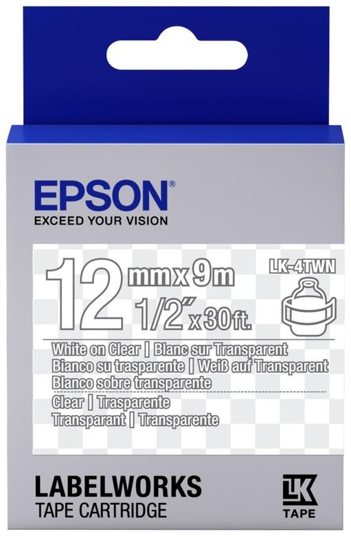 Картридж с лентой Epson LK-4TWN, 12ммx9м, белый на прозрачном, оригинальная (C53S654013)