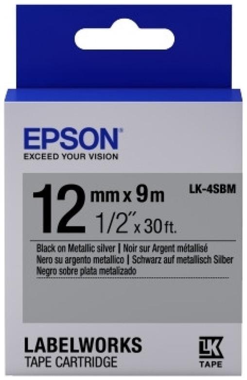 Картридж с лентой Epson LK-4SBM, 12ммx9м, черный на серебристом, оригинальная (C53S654019)