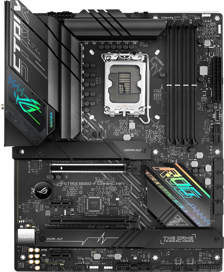 

Материнская плата ASUS ROG STRIX B660-F GAMING WIFI, Socket1700, Intel B660, 4xDDR5 DIMM, 2PCI-Ex16, 4SATA3, 7.1-ch, 2.5GLAN, 7 USB 3.2, 3 USB Type-C, HDMI, DP, ATX, Retail, ROG STRIX B660-F GAMING WIFI