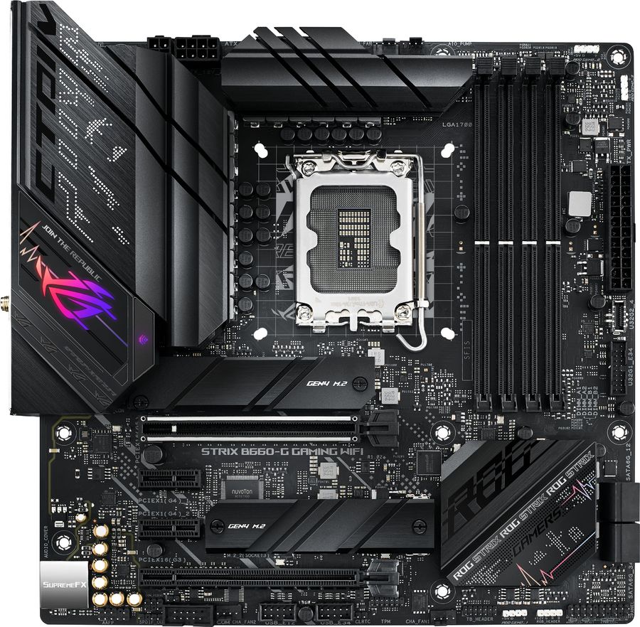 

Материнская плата ASUS ROG STRIX B660-G GAMING WIFI, Socket1700, Intel B660, 4xDDR5 DIMM, 2PCI-Ex16, 4SATA3, 7.1-ch, 2.5GLAN, 5 USB 3.2, 3 USB Type-C, HDMI, DP, mATX, Retail, ROG STRIX B660-G GAMING WIFI