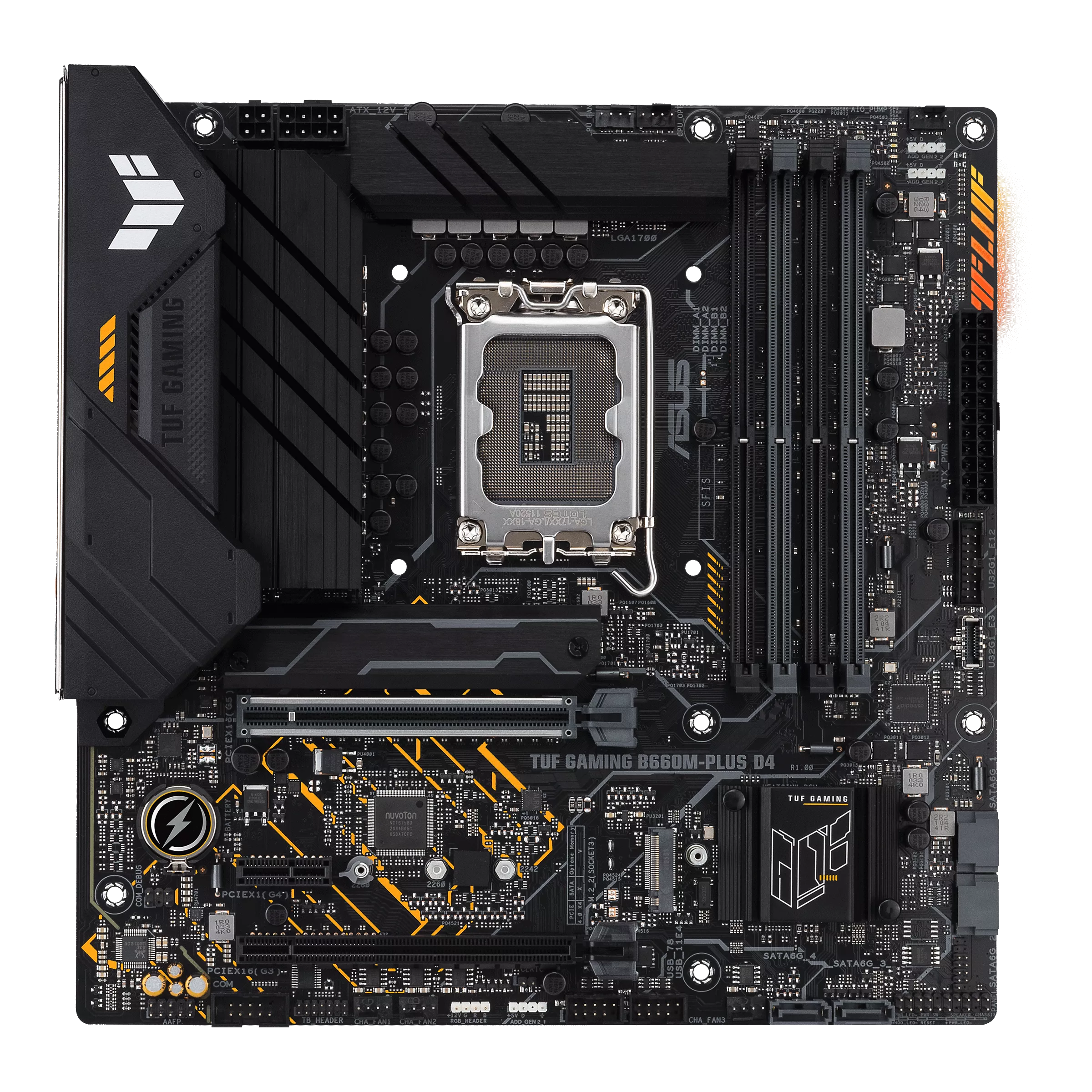 

Материнская плата ASUS TUF GAMING B660M-PLUS D4, Socket1700, Intel B660, 4xDDR4, 2PCI-Ex16, 4SATA3, 7.1-ch, 2.5GLAN, 7 USB 3.2, 2 USB Type-C, HDMI, DP, mATX, Retail, TUF GAMING B660M-PLUS D4