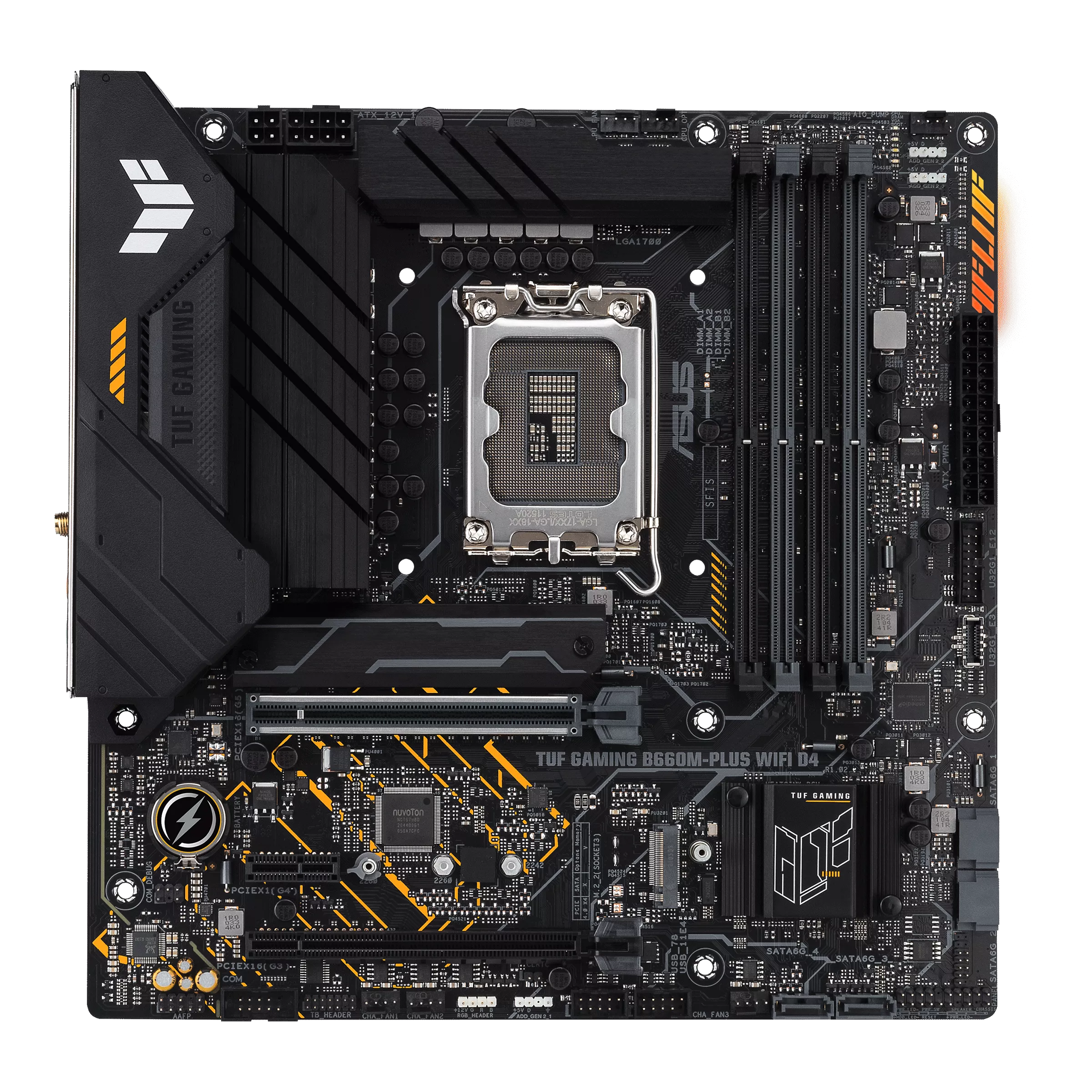 

Материнская плата ASUS TUF GAMING B660M-PLUS WIFI D4, Socket1700, Intel B660, 4xDDR4, 2PCI-Ex16, 4SATA3, 7.1-ch, 2.5GLAN, 7 USB 3.2, 2 USB Type-C, HDMI, DP, mATX, Retail, TUF GAMING B660M-PLUS WIFI D4