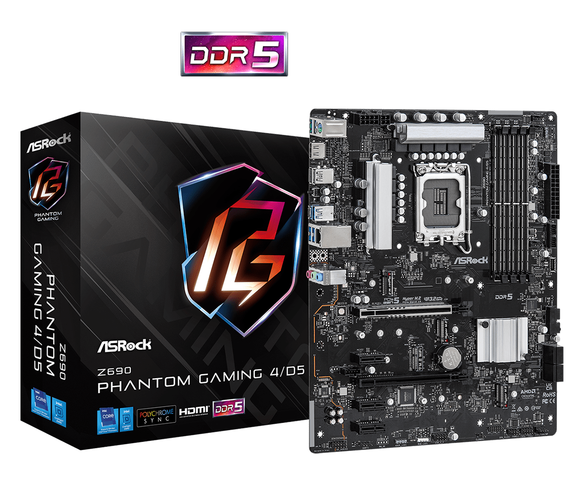 

Материнская плата ASRock Z690 PHANTOM GAMING 4 D5, LGA1700, Intel Z690, 4xDDR5 DIMM, 2PCI-Ex16, 4SATA3, 7.1-ch, GLAN, 9 USB 3.2, 2 USB Type-C, HDMI, ATX, Retail, Z690 PHANTOM GAMING 4 D5