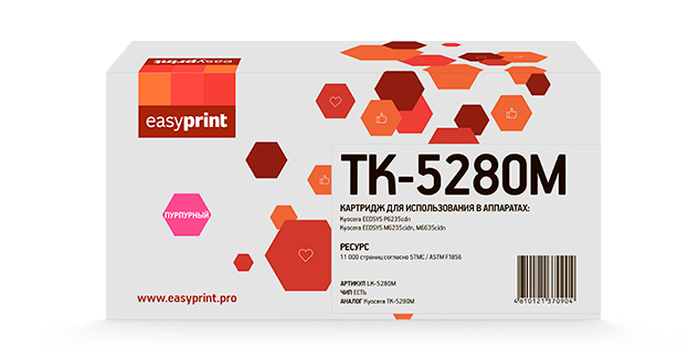 

Картридж лазерный EasyPrint LK-5280M (TK-5280M/1T02TWBNL0), пурпурный, 11000 страниц, совместимый для Kyocera Ecosys P6235cdn/M6235cidn/M6635cidn с чипом