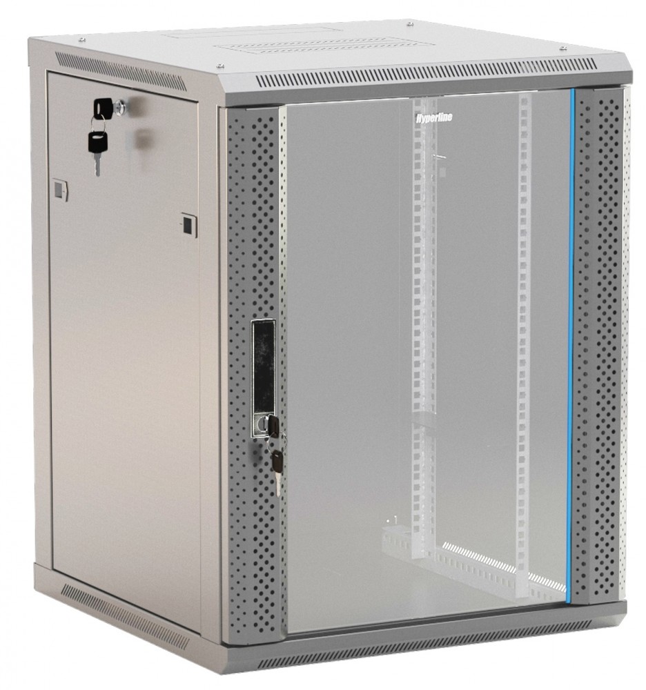 Шкаф телекоммуникационный настенный 9U 600x600 мм, стекло/металл, серый, разборный, Hyperline TWB (TWB-0966-GP-RAL7035)