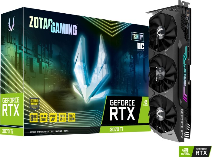 

Видеокарта ZOTAC NVIDIA GeForce RTX 3070Ti GAMING Trinity OC, 8Gb DDR6X, 256bit, PCI-E, HDMI, 3DP, Retail (ZT-A30710J-10P), GAMING Trinity OC
