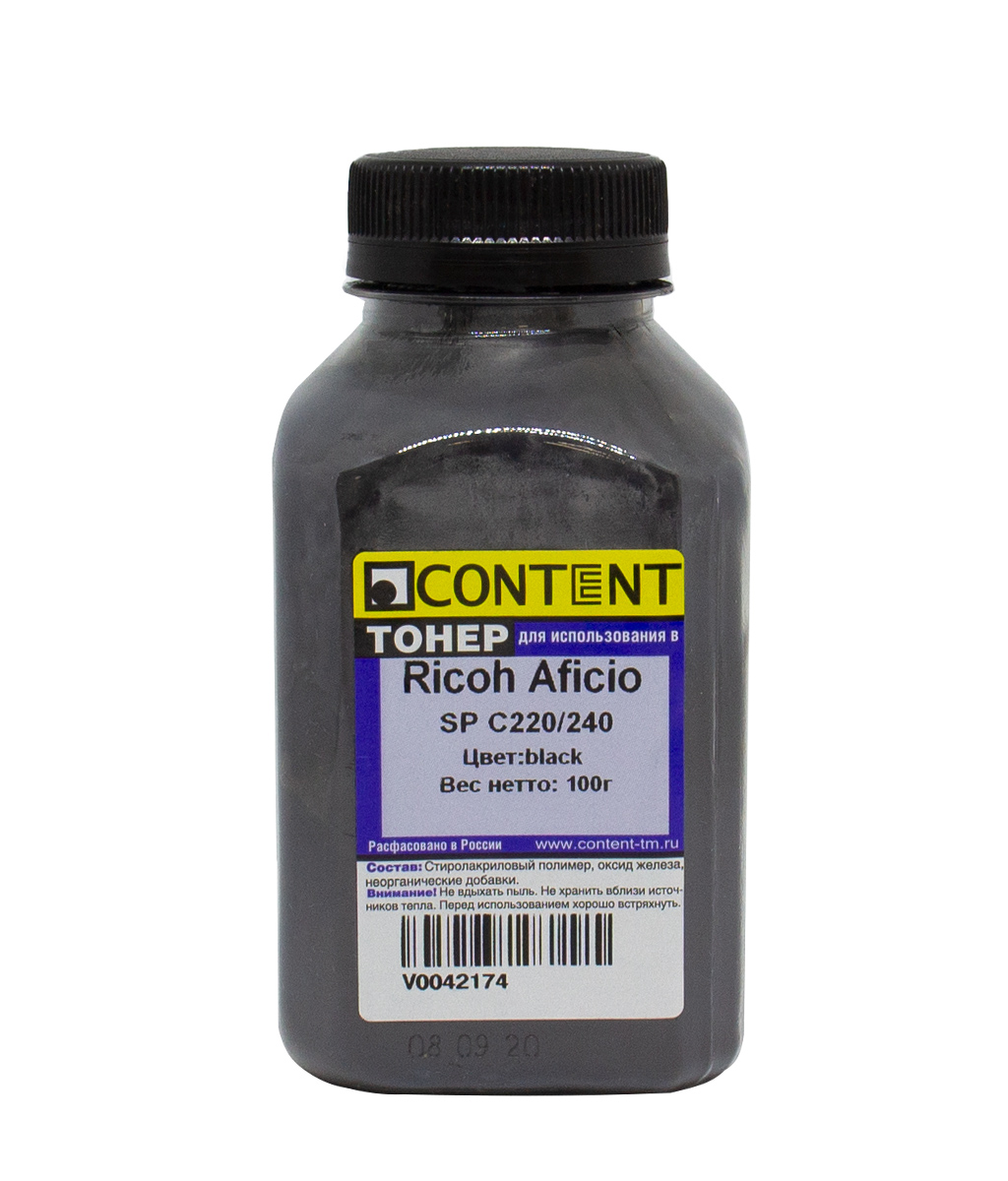 

Тонер Content, бутыль 100 г, черный, совместимый для Ricoh Aficio SP C220N/221N/222DN/240DN/240SF/250DN/260DN/261DNw (V0042174)