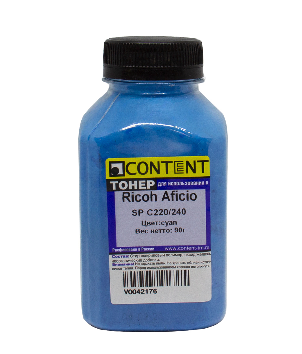 

Тонер Content, бутыль 90 г, голубой, совместимый для Ricoh Aficio SP C220N/221N/222DN/240DN/240SF/250DN/260DN/261DNw (V0042176)