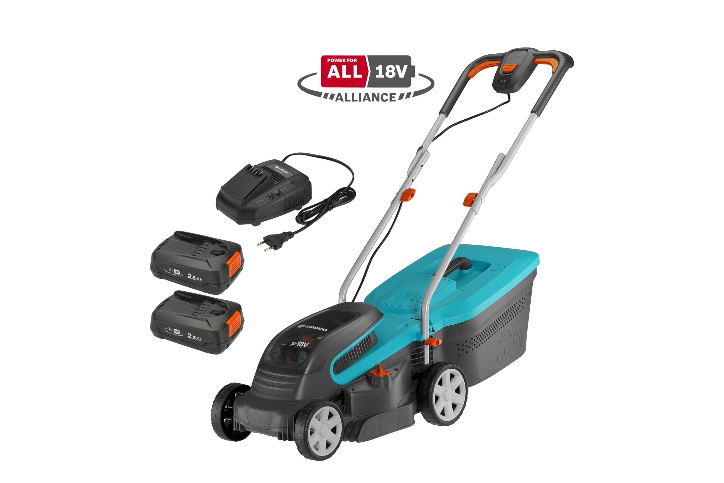 

Колесная газонокосилка GARDENA PowerMax 3236V P4A, бесщеточный, аккумуляторная, Li-Ion, 2.5 А·ч, 18В, ширина скашивания 32см, высота скашивания 20мм-60мм, 71 дБ, объем травосборника 30л., 9.5кг, 2АКБ+З/У (14621-20.000.00), 3236V P4A
