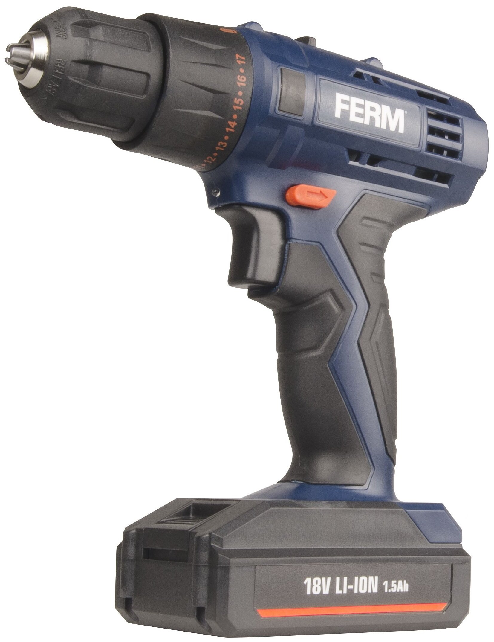 

Дрель-шуруповерт Ferm CDM1120, аккумуляторный, 32 нм, 1300 об/мин, 18V, 1.5 А·ч, Li-Ion, два акб, быстрозажимной патрон, кейс, 1.13 кг, CDM1120