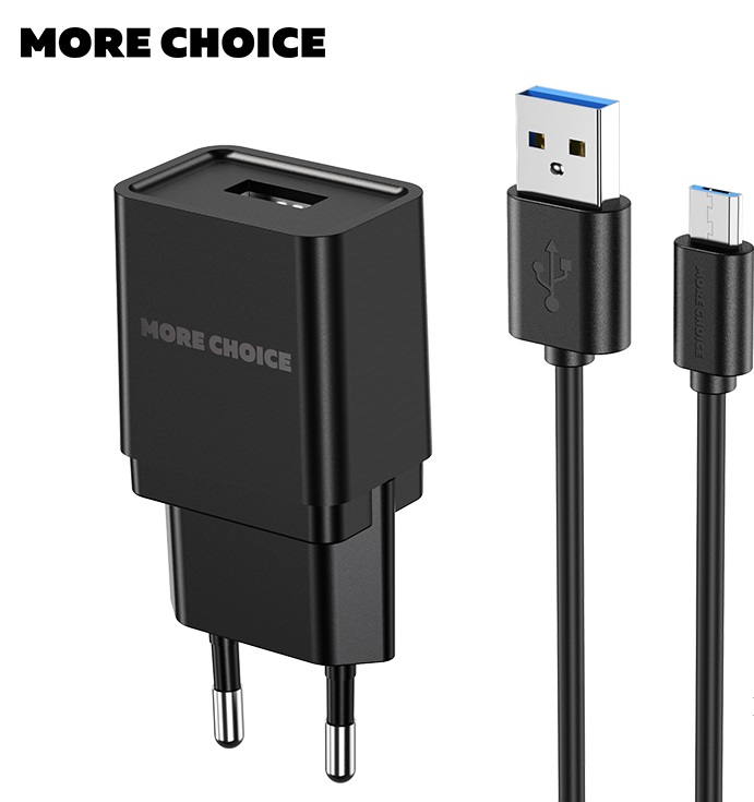 

Сетевое зарядное устройство More Choice NC33m, 1USB, 1A, черный, кабель microUSB, NC33m