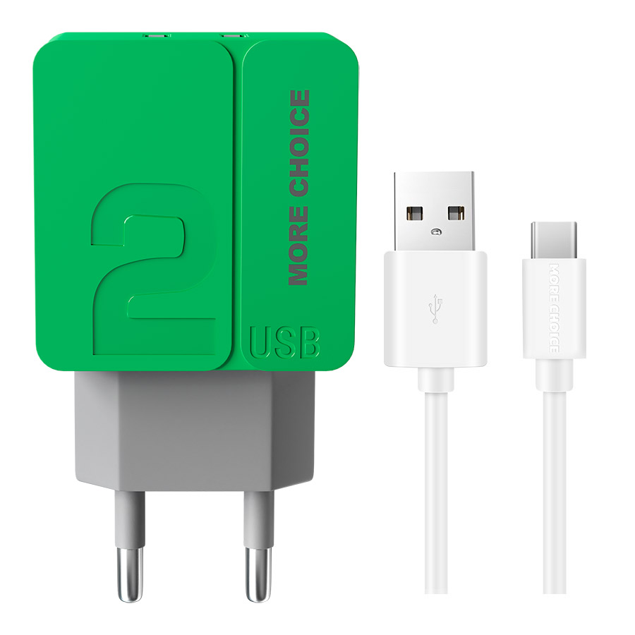 Сетевое зарядное устройство More Choice NC46a , 2USB, 2.4A, зеленый, кабель USB Type C - фото 1