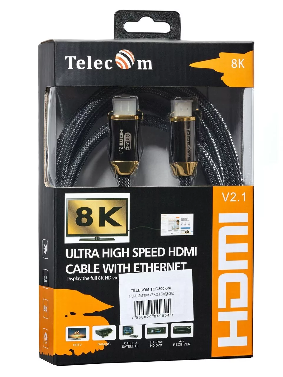 

Кабель HDMI(19M)-HDMI(19M) v2.1 4K, 8K, экранированный, 3 м, черный Telecom (TCG300-3M)