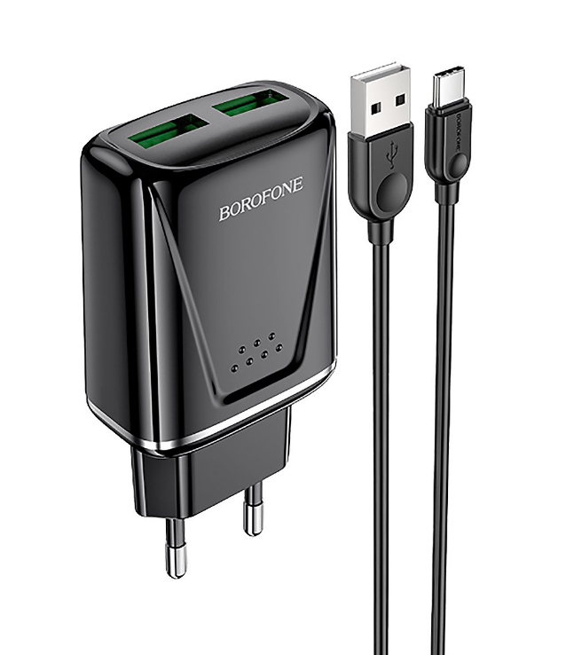 

Сетевое зарядное устройство Borofone BA54A Wide 10W, 2USB, Quick Charge, 1.5A, черный, кабель microUSB, BA54A Wide