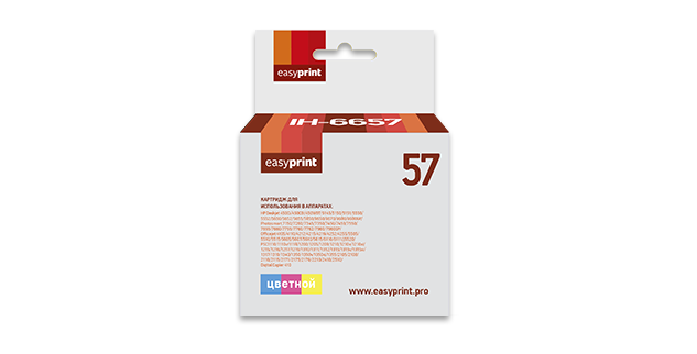 

Картридж струйный EasyPrint IH-6657 (№57/C6657AE), цветной, совместимый, 550 страниц, для HP PSC 1110/1110v/1118/1200/1205/1209/1210/1210v/1210xi/1215/1216/1217/1219/1310/1311/1312/1315/1315v/1315xi/1317/1319/1340/1350/1350v/1350xi/1355/2105/2108/2110/211