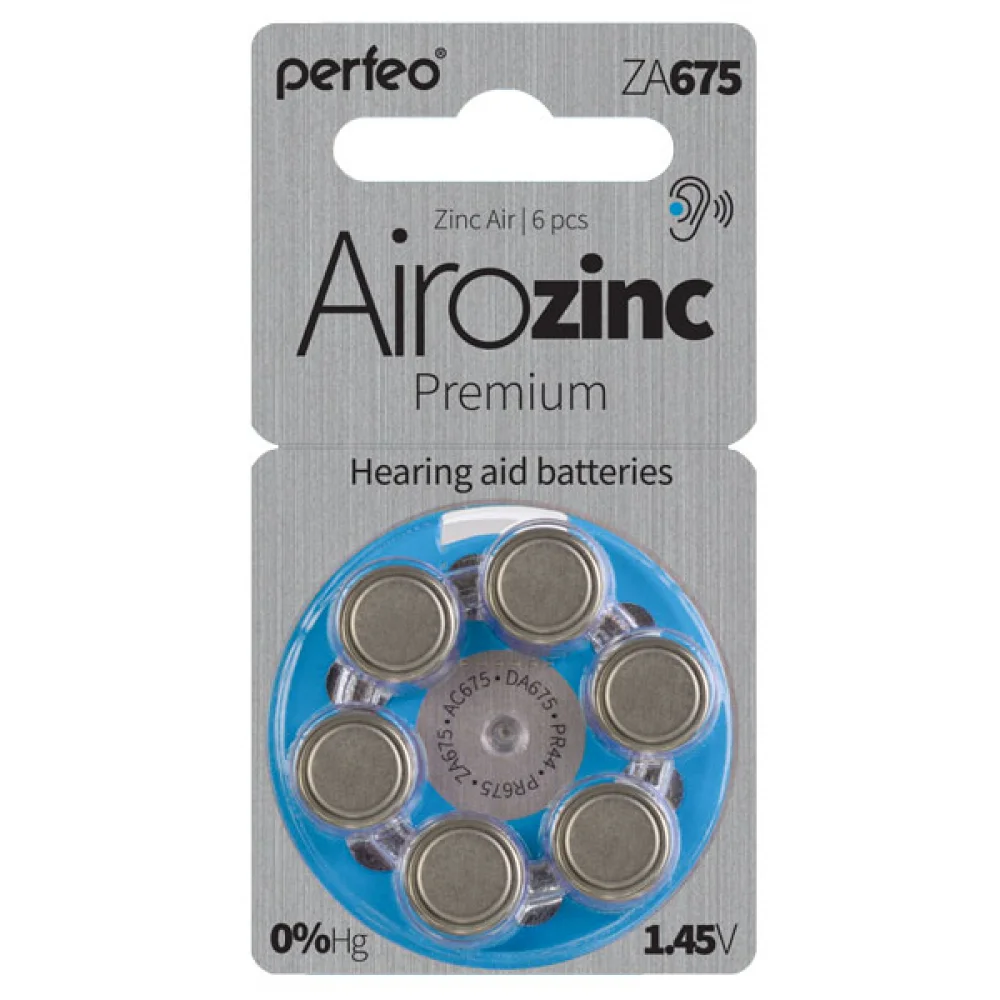 

Батарея Perfeo Airozinc Premium, ZA675, AC675, DA675, PR44, PR675, 1.45V, 6шт. (PF ZA675/6BL)