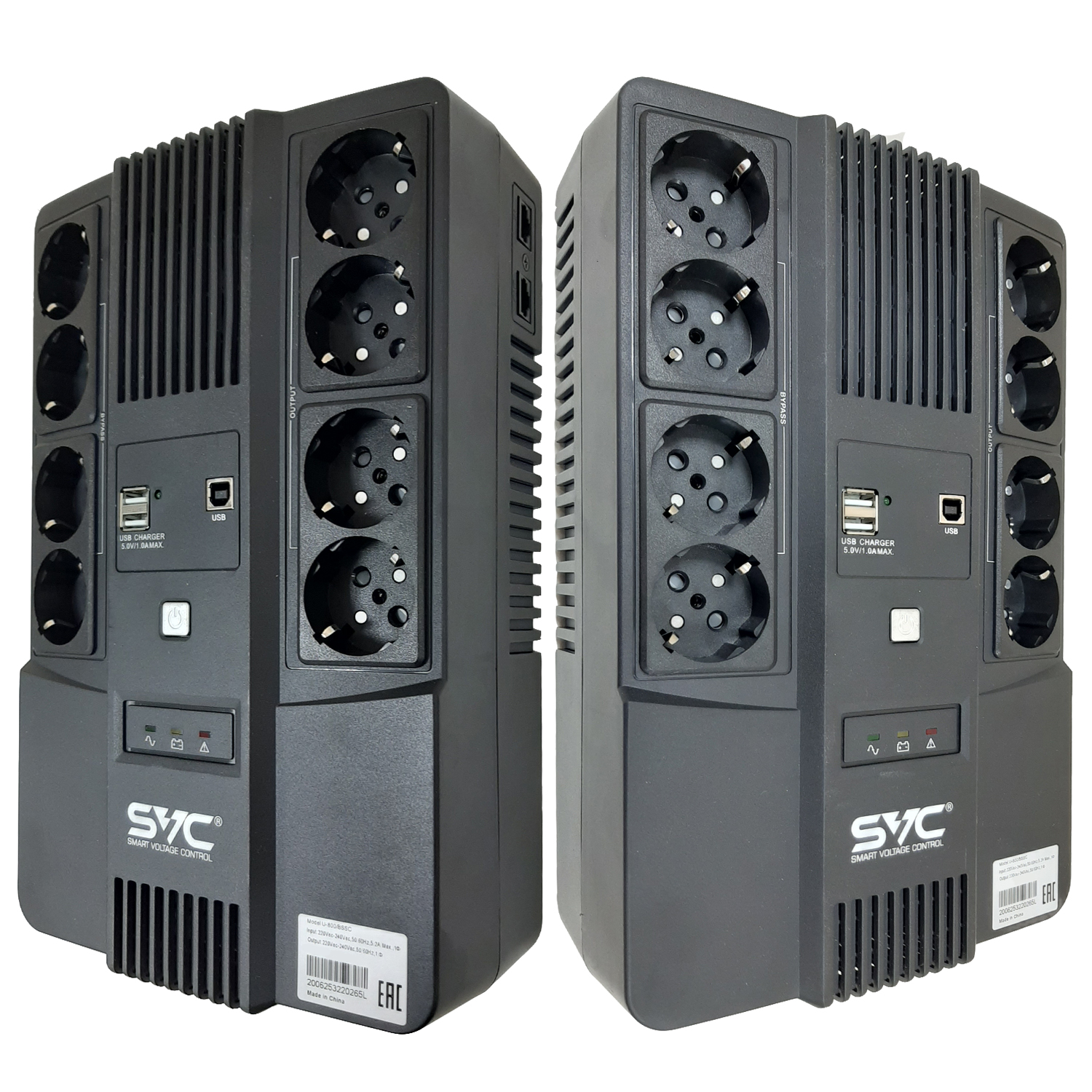 ИБП SVC U-800/BSSC, 800 VA, 480 Вт, EURO, розеток - 8, USB, черный (U-800/BSSC)