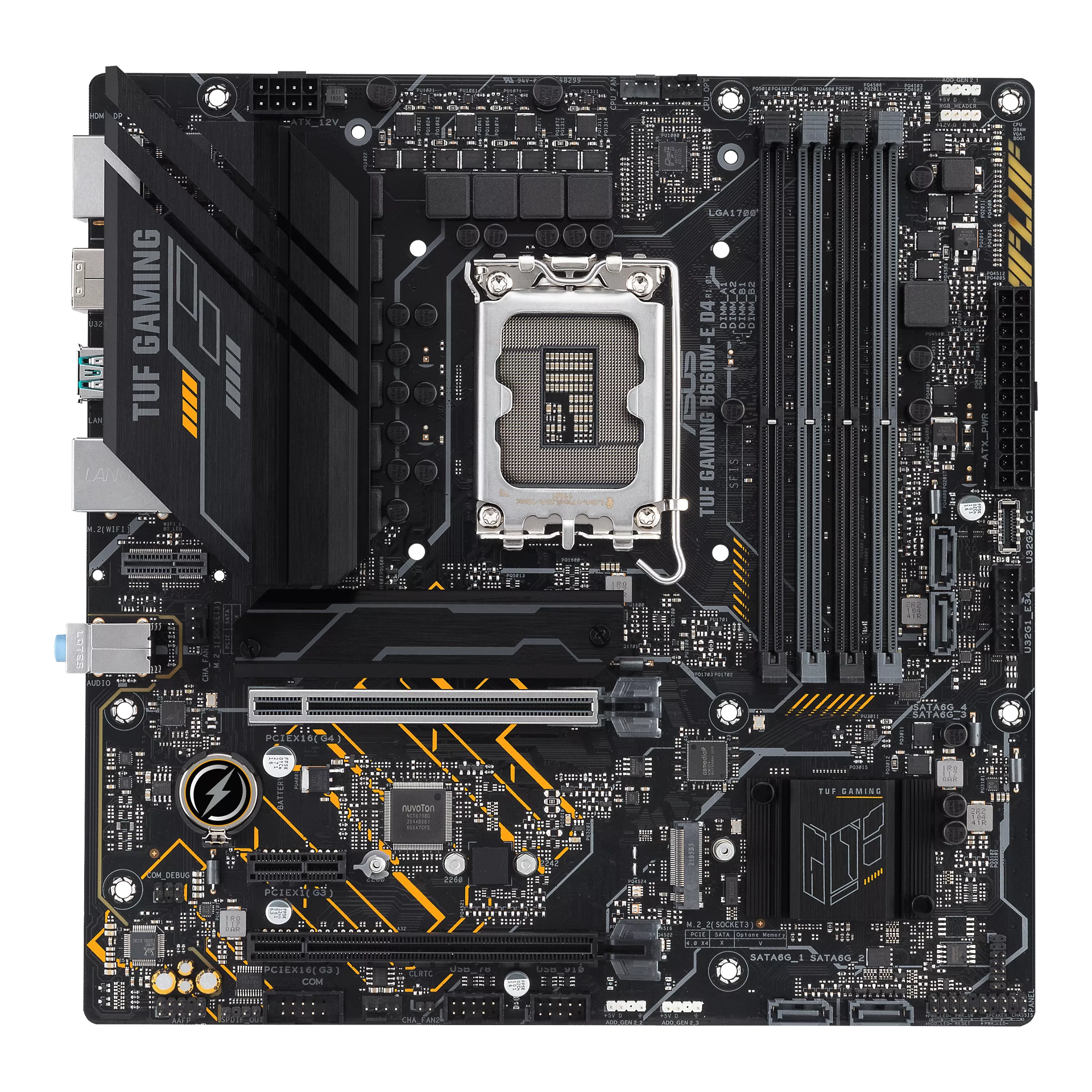 

Материнская плата ASUS TUF GAMING B660M-E D4, Socket1700, Intel B660, 4xDDR4, 2PCI-Ex16, 4SATA3, 7.1-ch, 2.5GLAN, 6 USB 3.2, 1 USB Type-C, HDMI, DP, mATX, Retail, TUF GAMING B660M-E D4