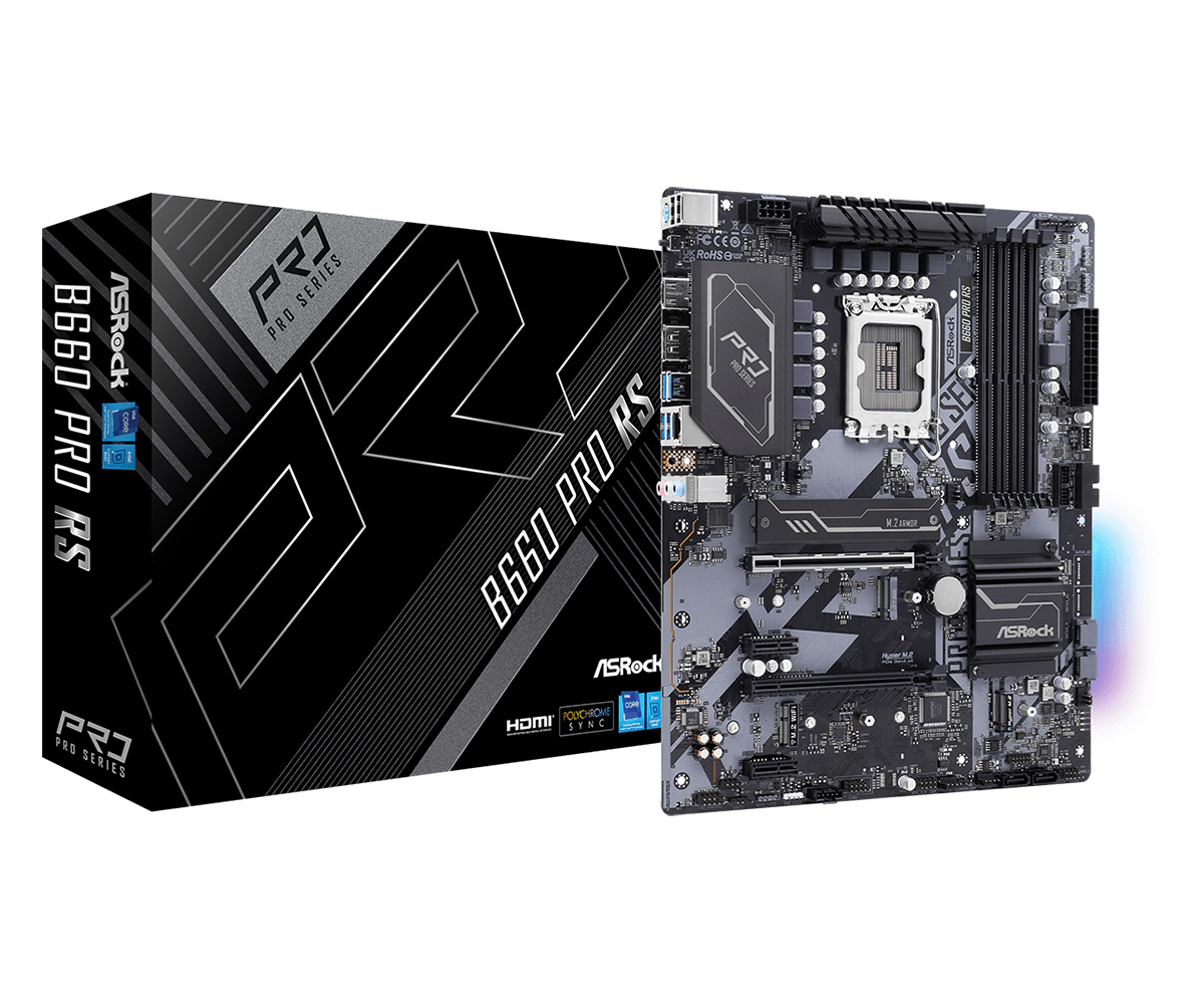 

Материнская плата ASRock B660 PRO RS, Socket1700, Intel B660, 4xDDR4, 2PCI-Ex16, 4SATA3, 7.1-ch, GLAN, 8 USB 3.2, 1 USB Type-C, HDMI, DP, ATX, Retail, B660 PRO RS