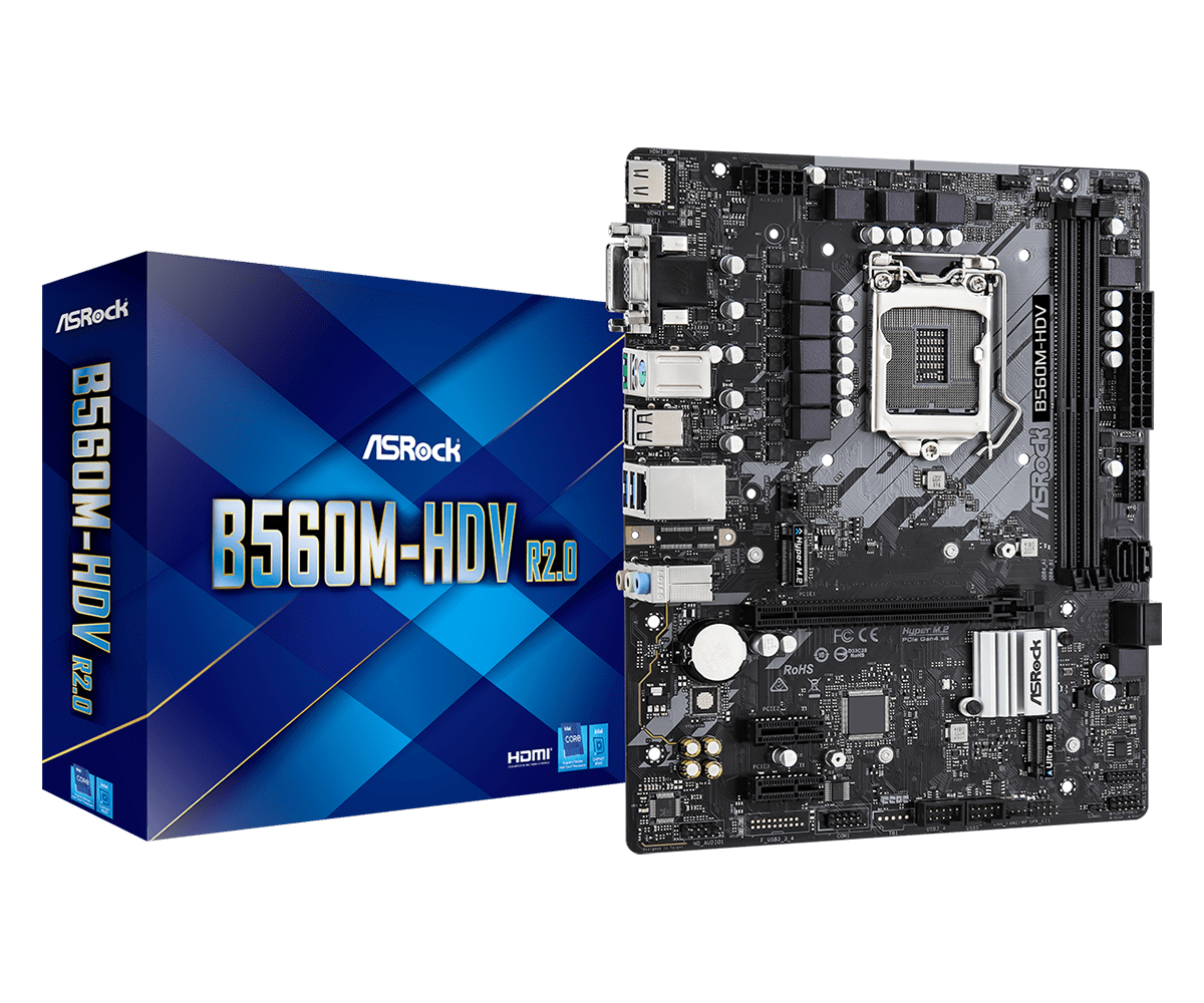 

Материнская плата ASRock B560M-HDV R2.0, Socket1200, Intel B560, 2xDDR4, PCI-Ex16, 4SATA3, 7.1-ch, GLAN, 6 USB 3.2, VGA, DVI, HDMI, mATX, Retail, B560M-HDV R2.0