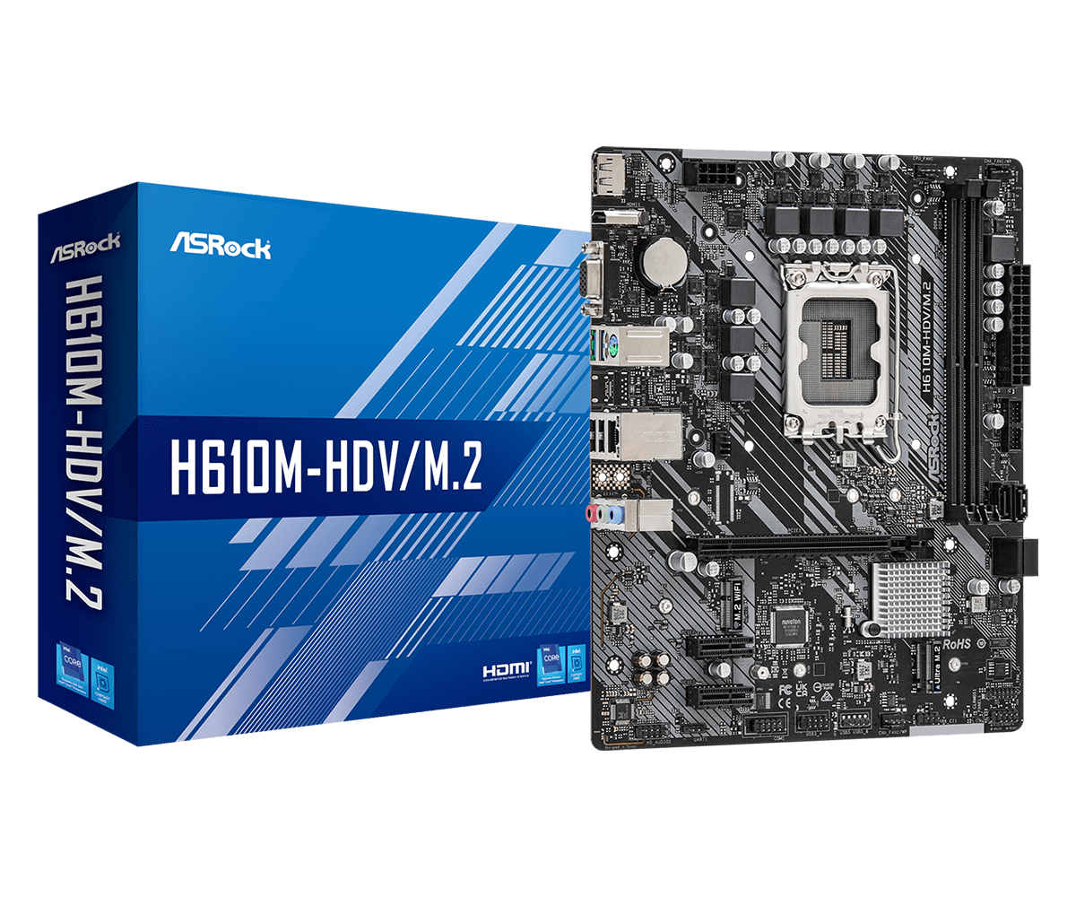 

Материнская плата ASRock H610M-HDV/M.2, Socket1700, Intel H610, 2xDDR4, PCI-Ex16, 4SATA3, 7.1-ch, GLAN, 4 USB 3.2, VGA, HDMI, DP, mATX, Retail, H610M-HDV/M.2