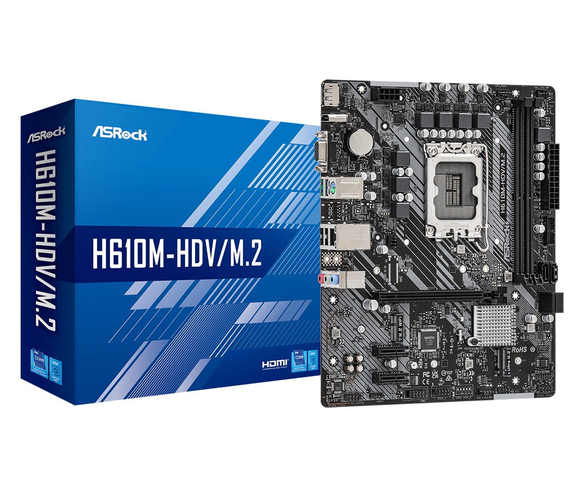 Материнская плата ASRock H610M-HDV/M.2, Socket1700, Intel H610, 2xDDR4, PCI-Ex16, 4SATA3, 7.1-ch, GLAN, 4 USB 3.2, VGA, HDMI, DP, mATX, Retail